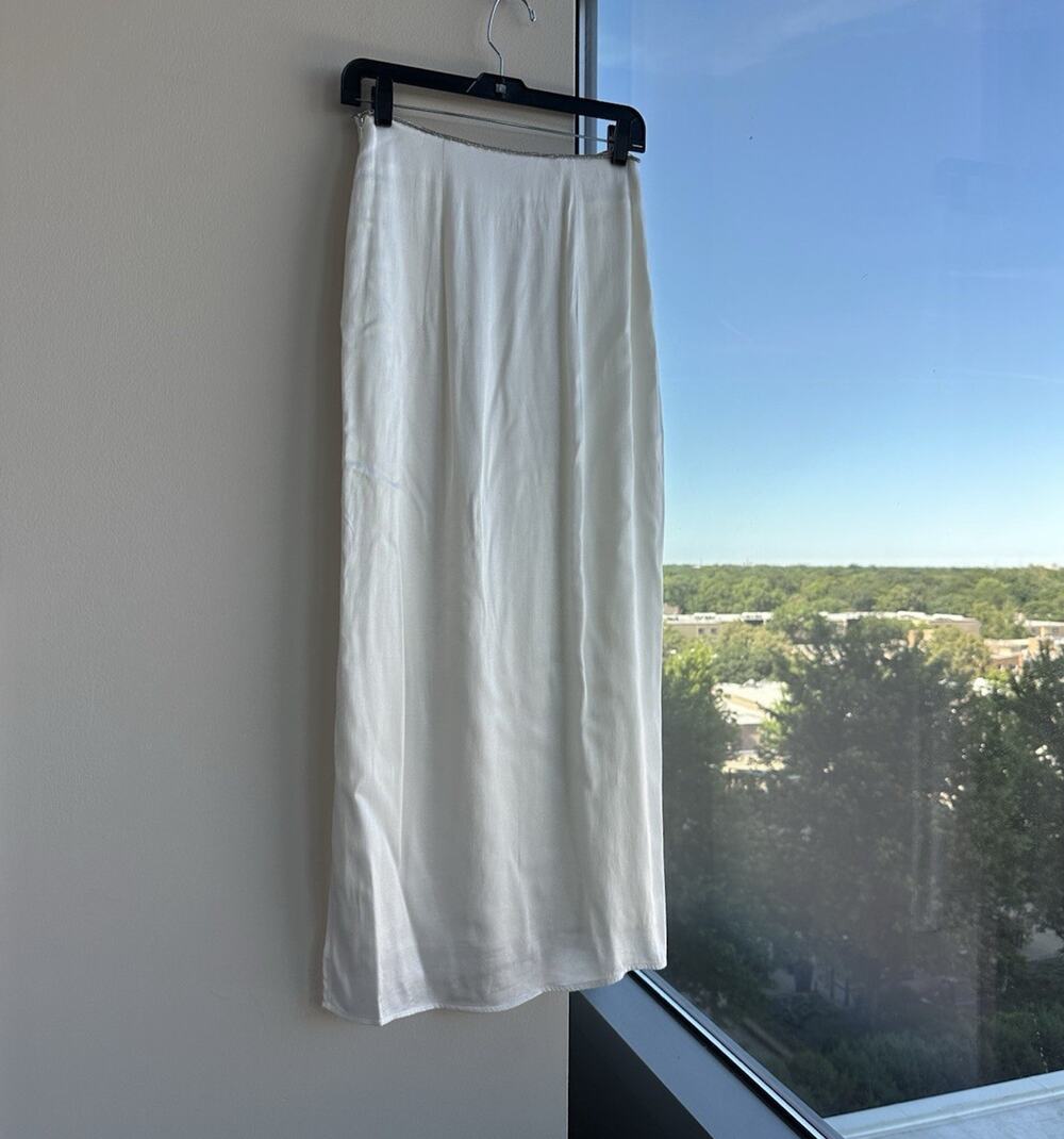 MESHKI White Crepe Midi Skirt High Rise Pencil Beaded Zip Lined Size S
